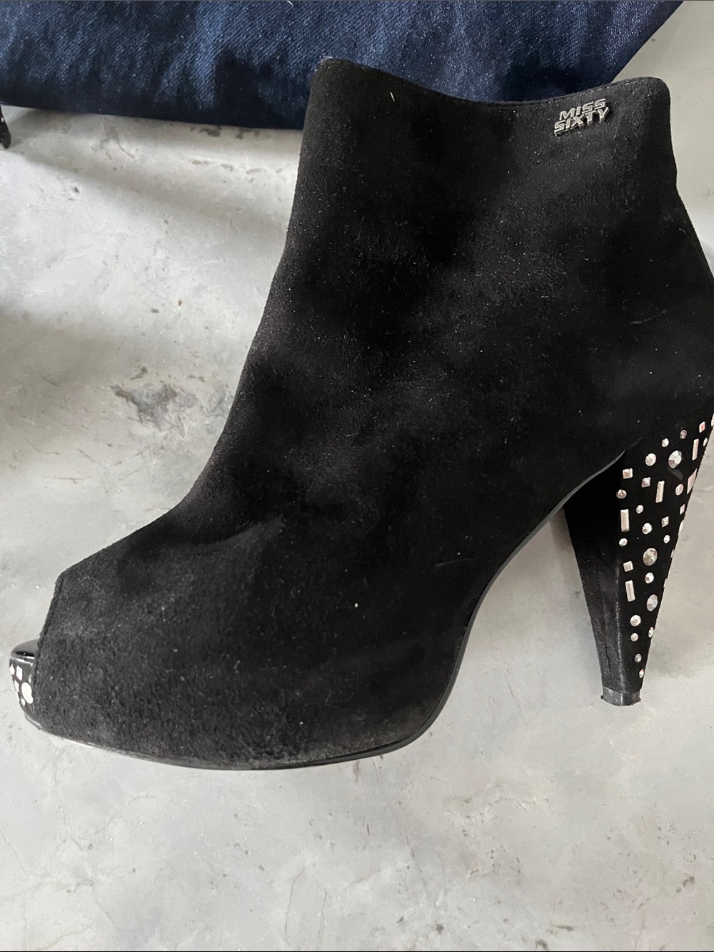 Miss Sixty Black Suede Peep-Toe Studded Cone Heel Booties